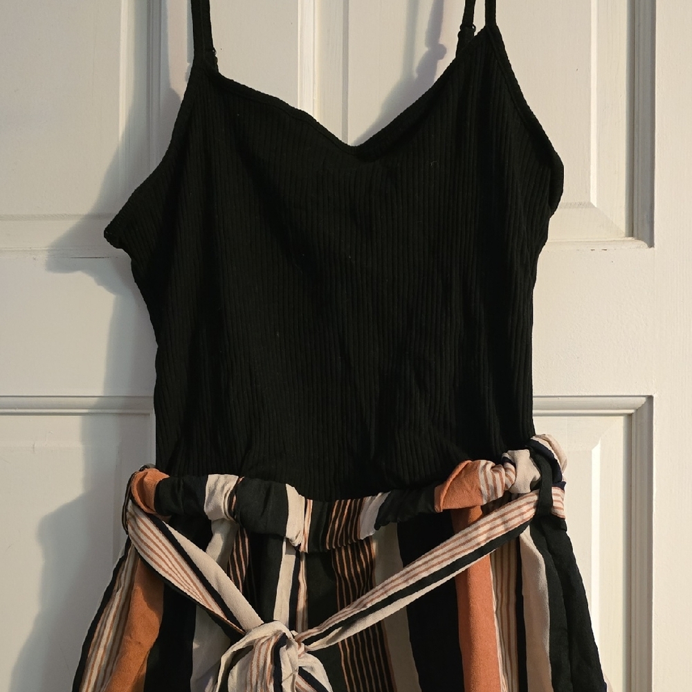Black Striped Romper with Tie Waist